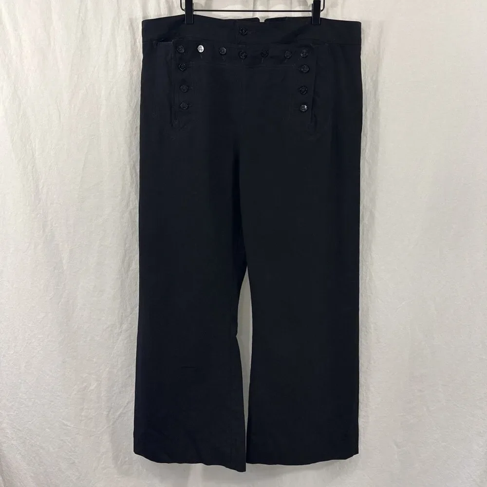 Vintage Black Sailor Wool Flap Front Uniform Wide Leg Tied Back Pants Mens 42R